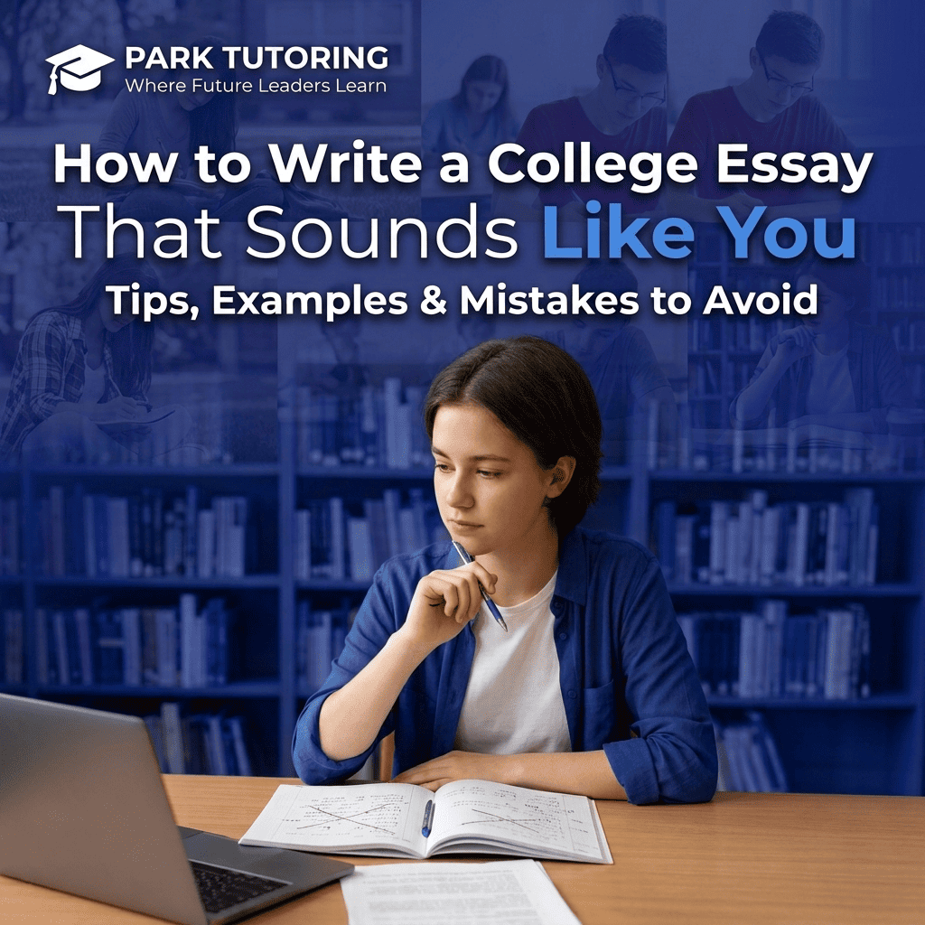 Student writing a college essay at a desk while developing an authentic personal voice with guidance from Park Tutoring.