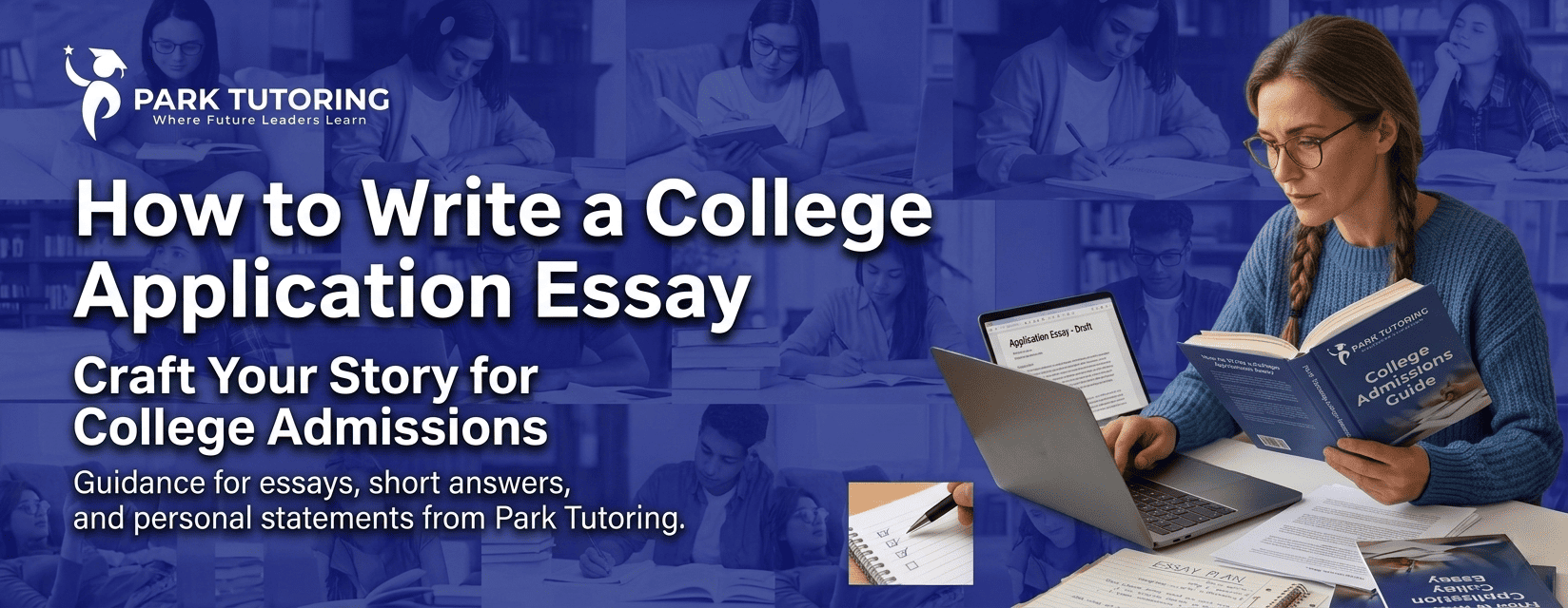 Student drafting a college application essay on a laptop with handwritten notes, Park Tutoring college admissions guide