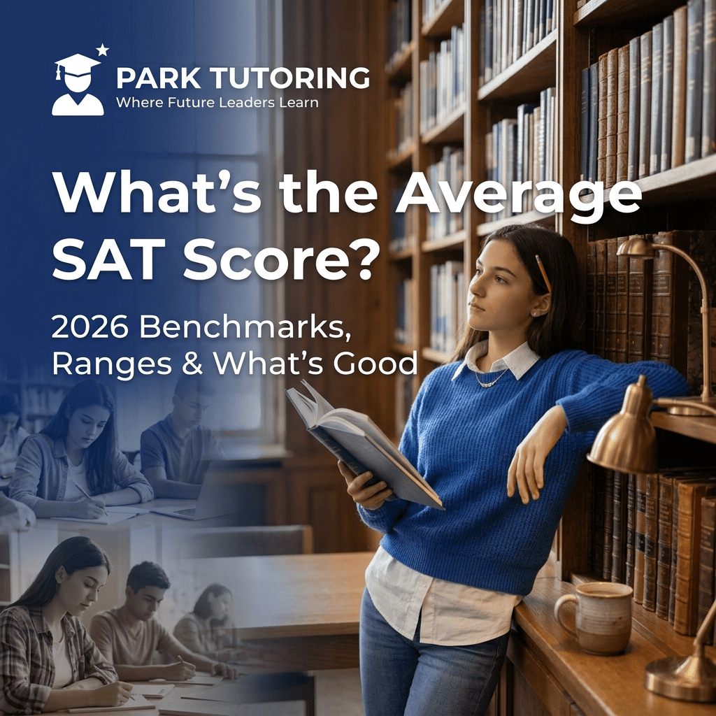 Student reviewing SAT score report showing average composite score range, Park Tutoring test prep guide