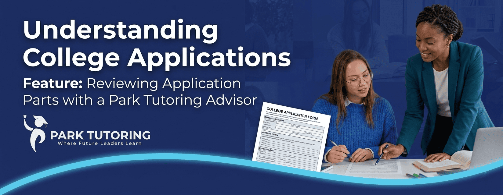 ALT Text: Student reviewing a college application with a Park Tutoring advisor.