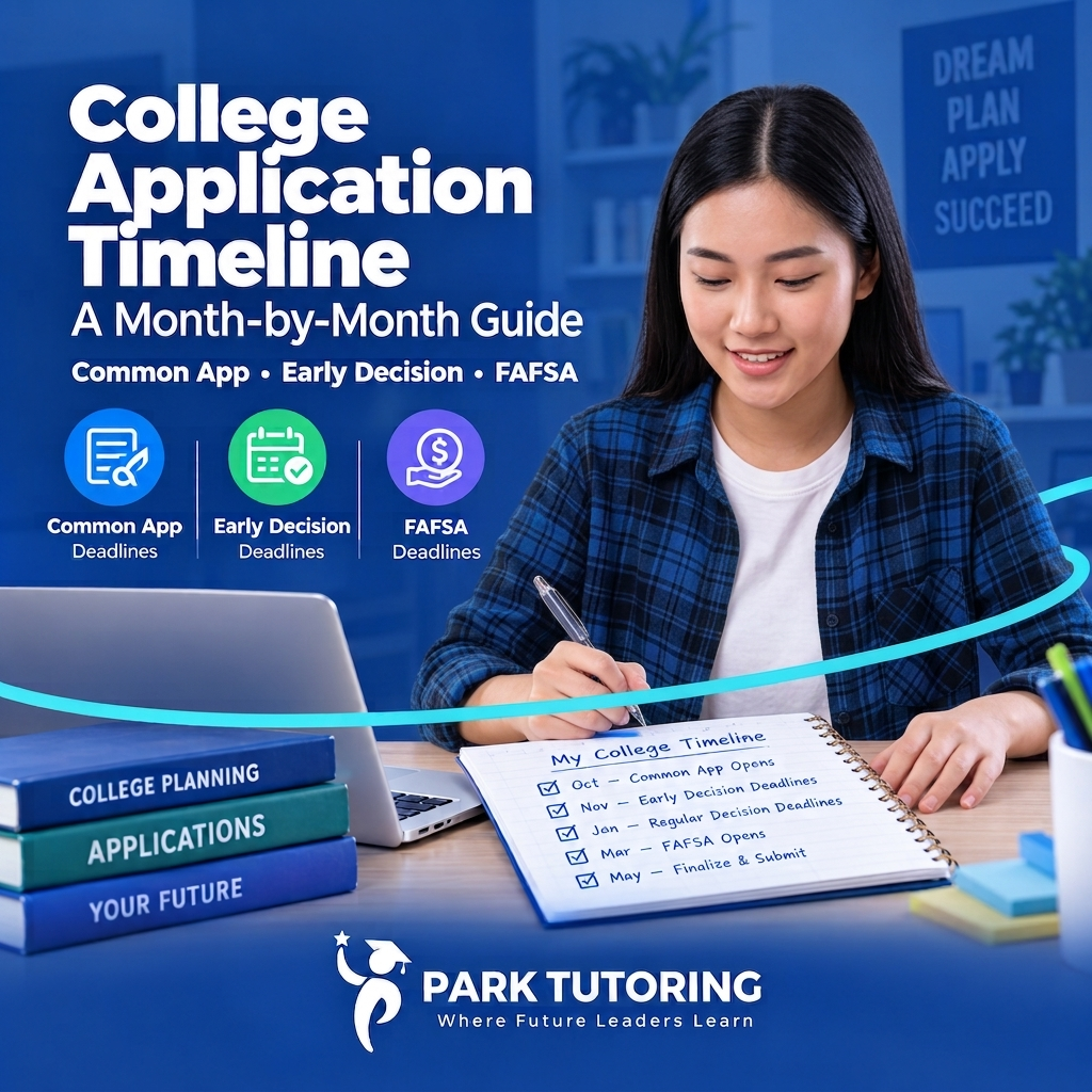 Calendar graphic mapping the college application timeline with Common App, Early Decision, and FAFSA deadlines