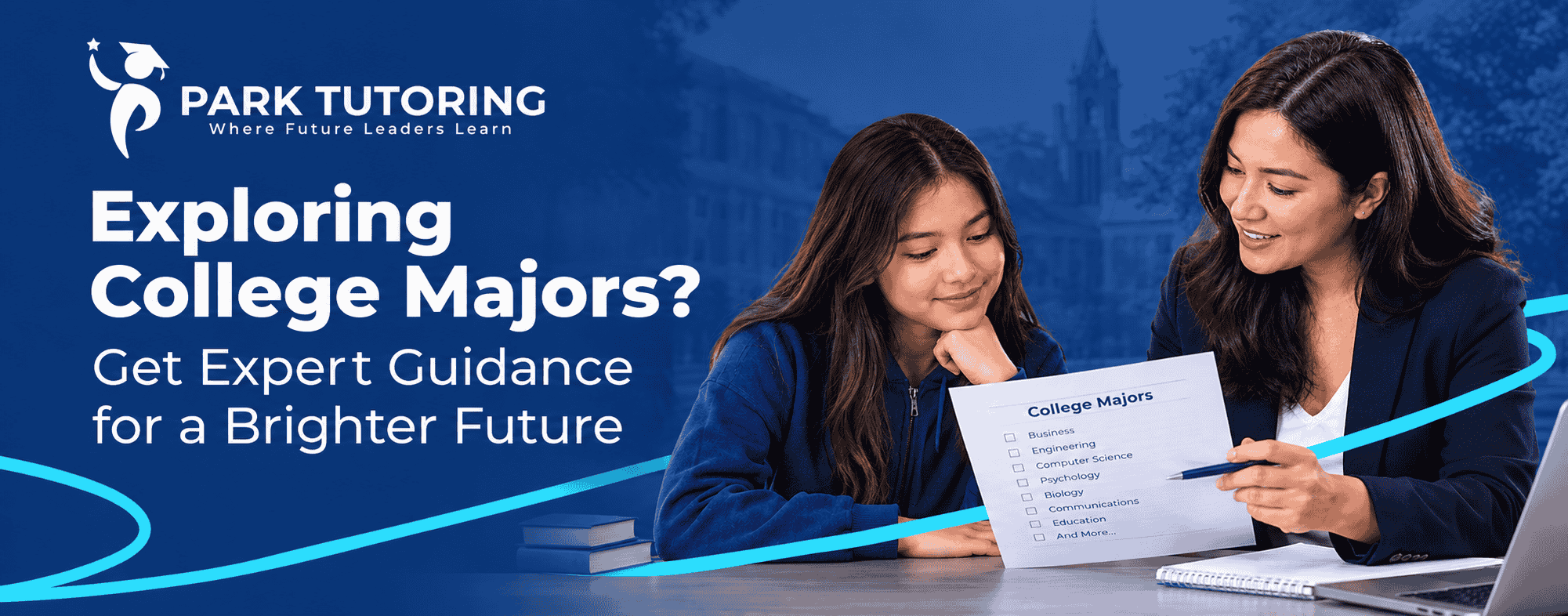 Student reviewing a list of college majors with a Park Tutoring counselor