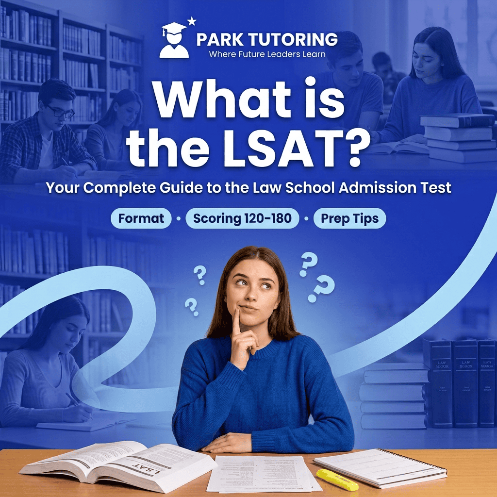 Student preparing for the LSAT with practice questions and a study plan at a desk.