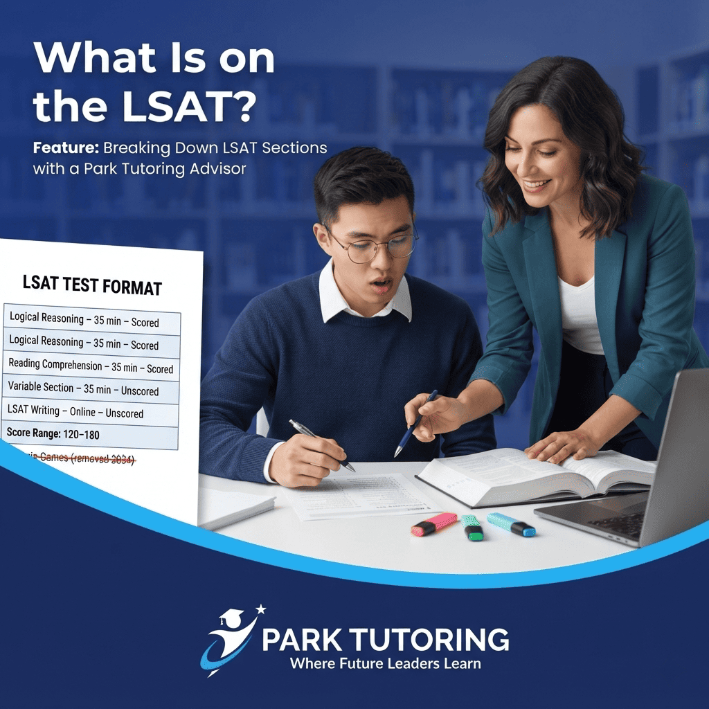 Diagram of current LSAT test sections and timing explained by Park Tutoring.