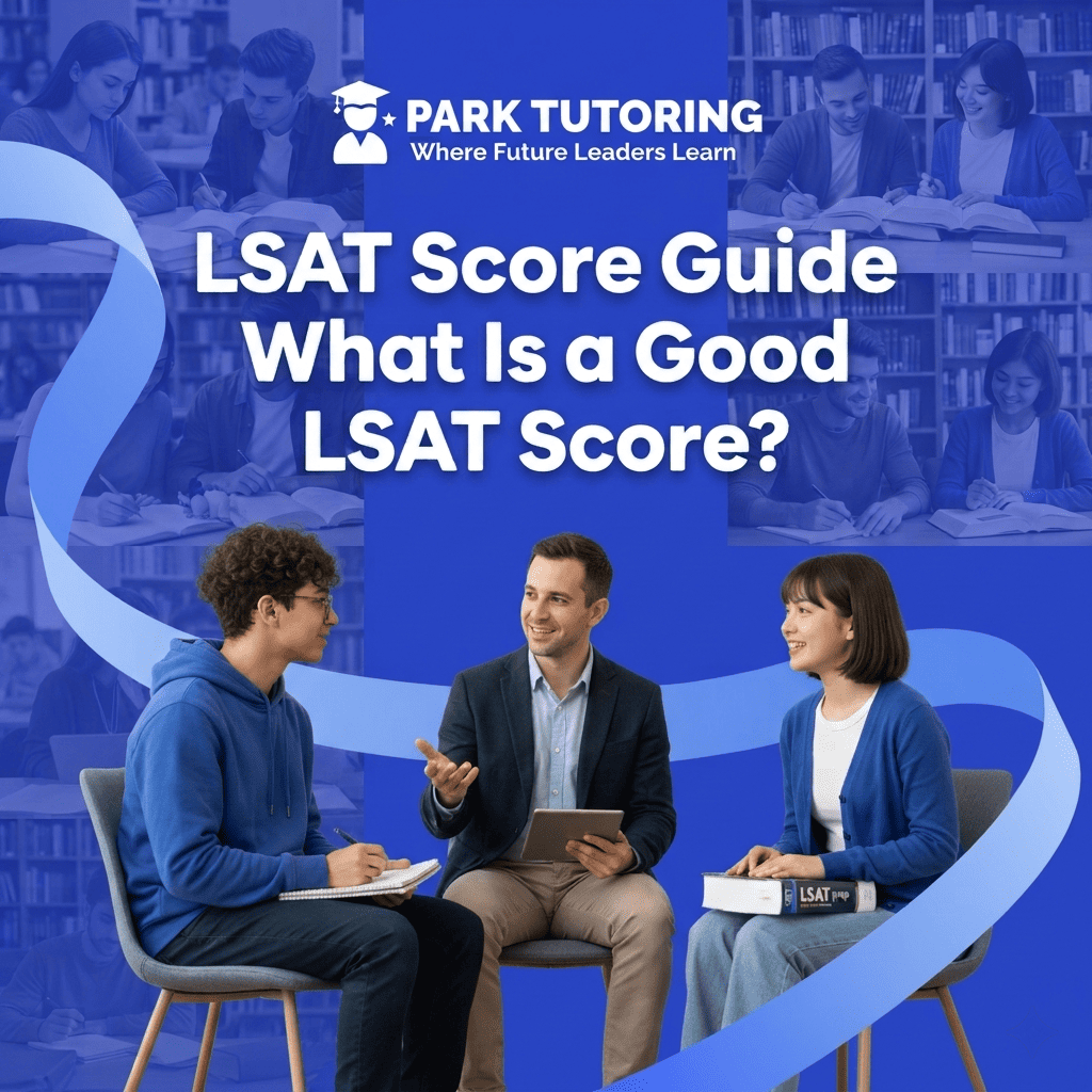 Park Tutoring graphic asking what is a good LSAT score, with two students thinking about their law school goals.