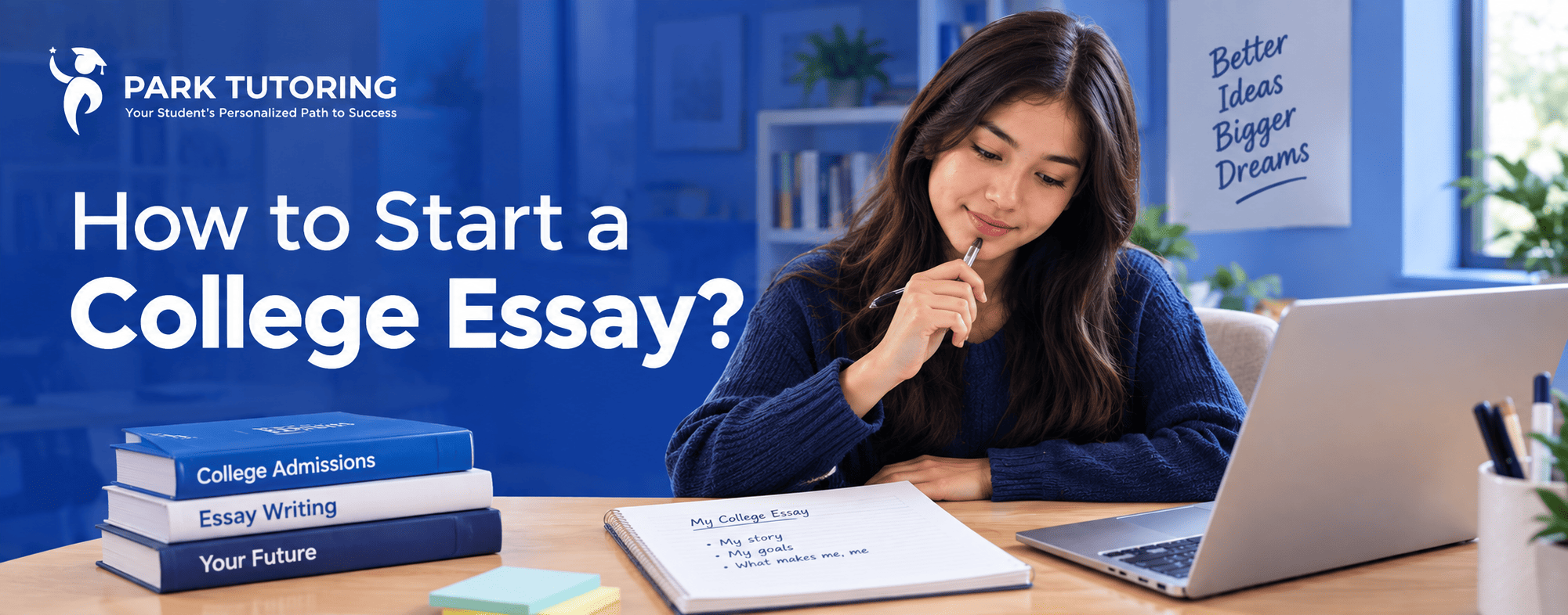 Student writing the opening line of a college essay at a desk with a notebook and laptop