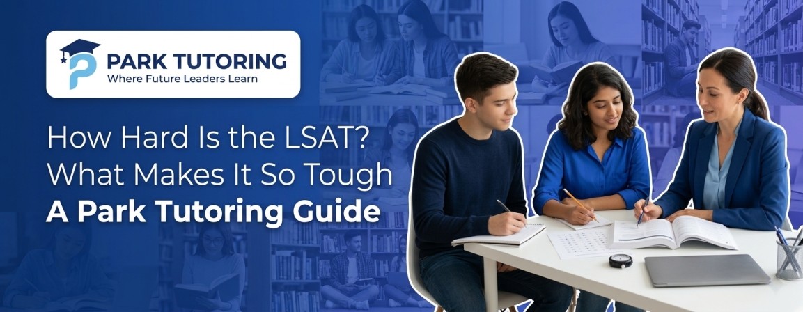 Student reviewing LSAT logical reasoning practice questions at a desk, from Park Tutoring's guide to LSAT difficulty.