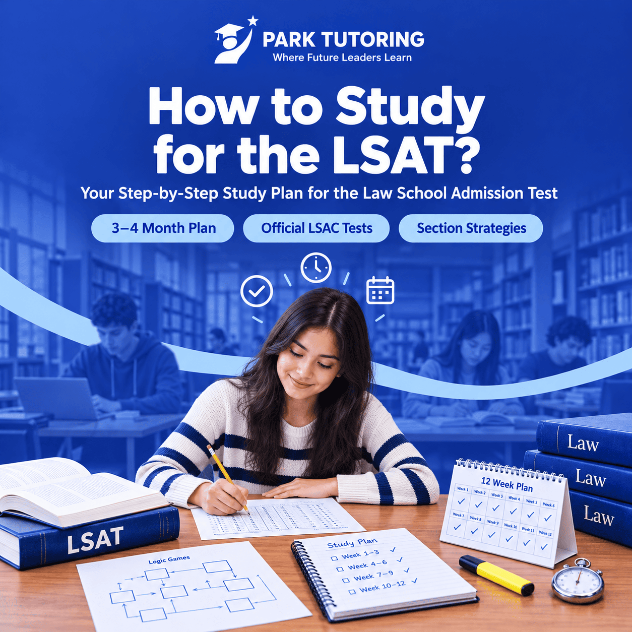 Law school applicant studying for the LSAT at a desk with an official LSAC practice test, logic game diagrams and a 12-week study calendar.