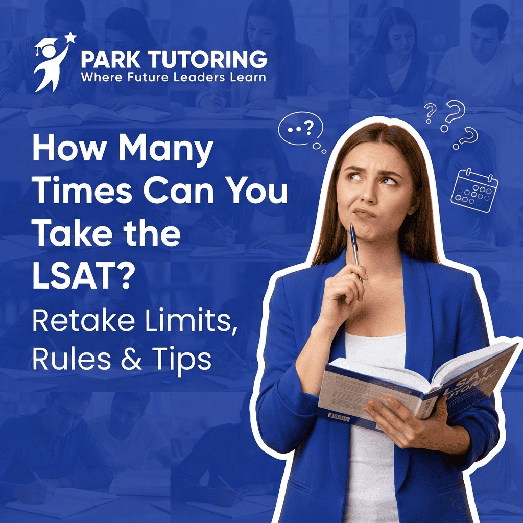 Law student reviewing LSAT retake limits and testing calendar with Park Tutoring's LSAT prep guide.
