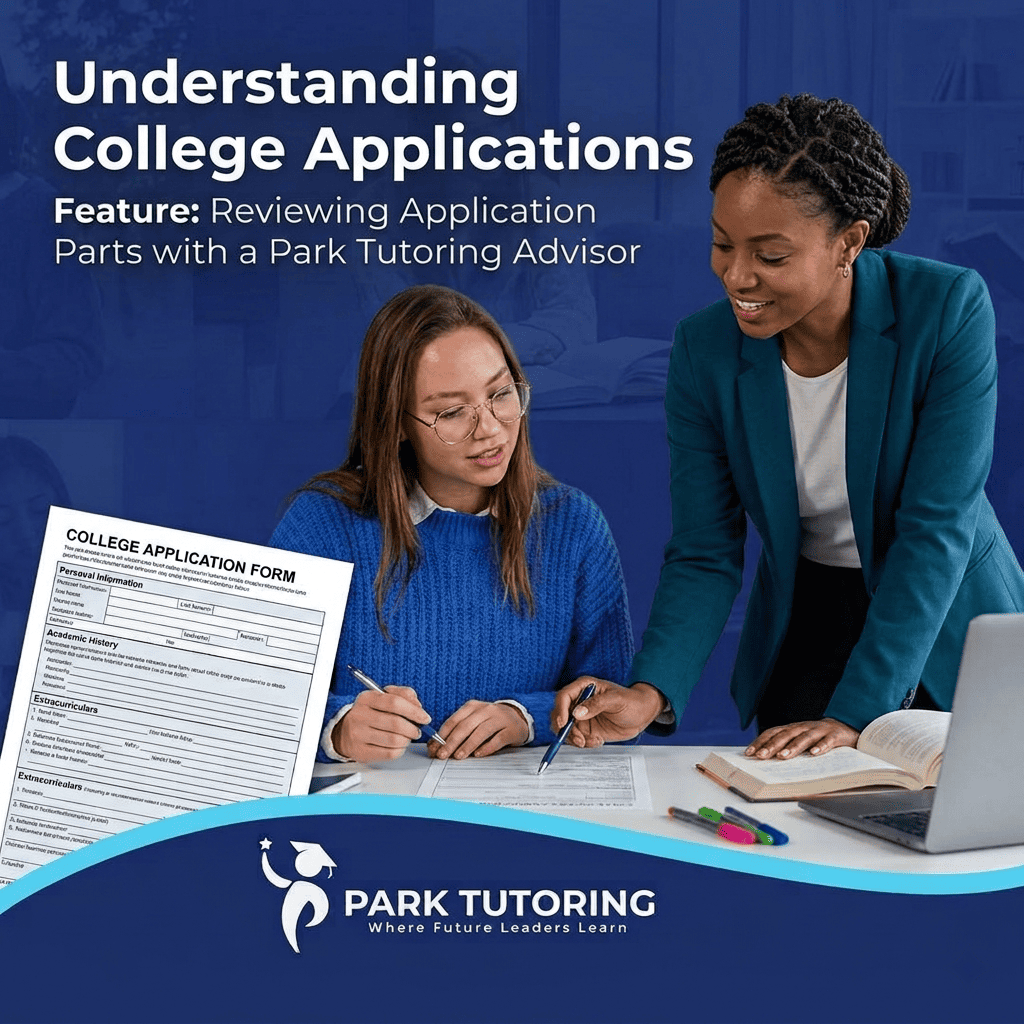 ALT Text: Student reviewing a college application with a Park Tutoring advisor.