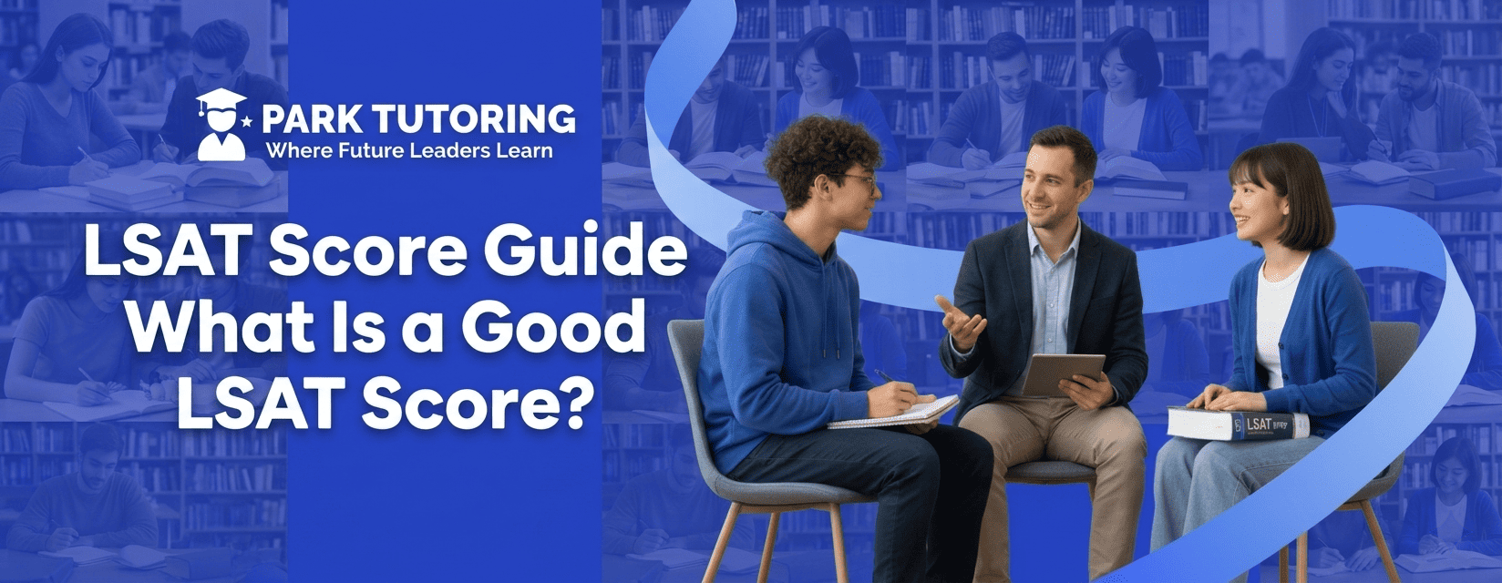 Park Tutoring graphic asking what is a good LSAT score, with two students thinking about their law school goals.