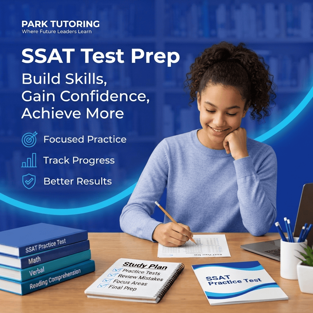 Student practicing timed SSAT test prep questions at a desk with a study planner and practice test booklet