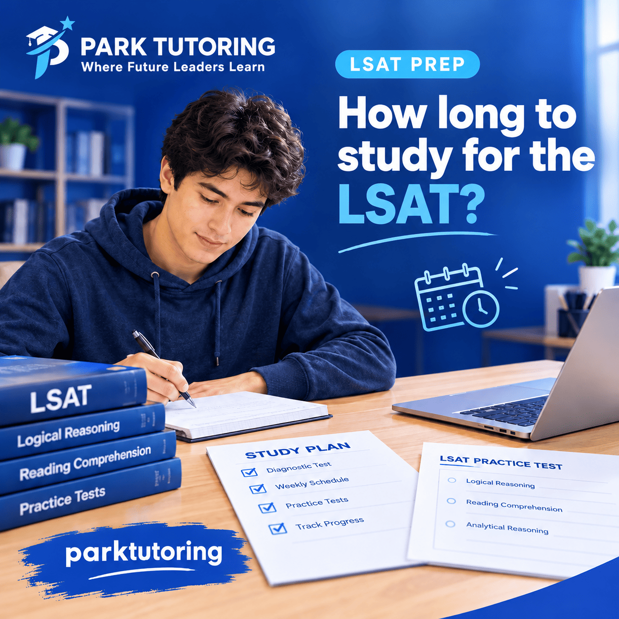 Student reviewing an LSAT study schedule and practice test with Park Tutoring guidance.
