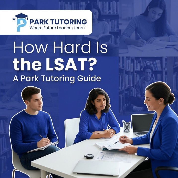 Student reviewing LSAT logical reasoning practice questions at a desk, from Park Tutoring's guide to LSAT difficulty.