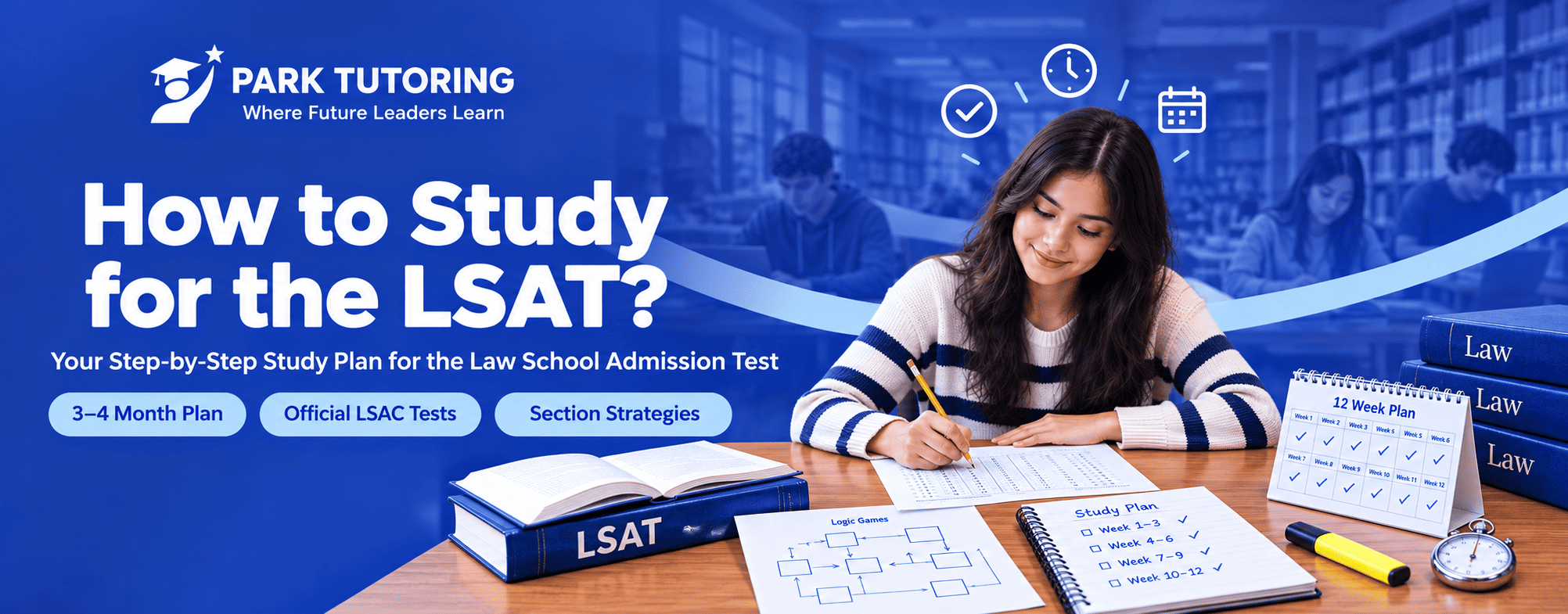 Law school applicant studying for the LSAT at a desk with an official LSAC practice test, logic game diagrams and a 12-week study calendar.