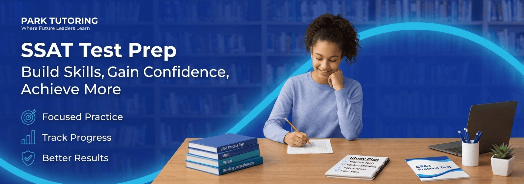 Student practicing timed SSAT test prep questions at a desk with a study planner and practice test booklet