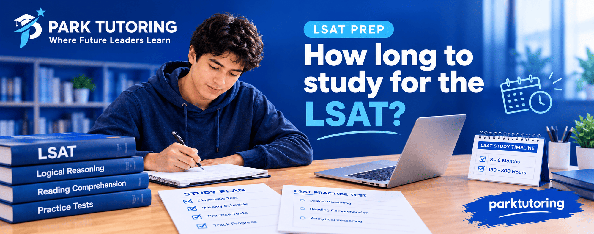 Student reviewing an LSAT study schedule and practice test with Park Tutoring guidance.