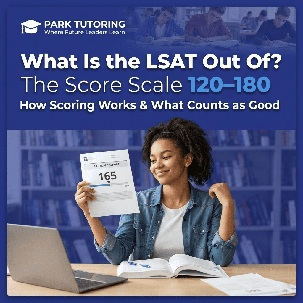 Student checking an LSAT score report showing the 120–180 scale, from Park Tutoring’s guide to LSAT scoring