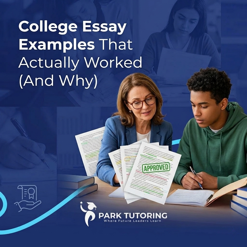 Student and advisor reviewing strong college essay examples together at Park Tutoring