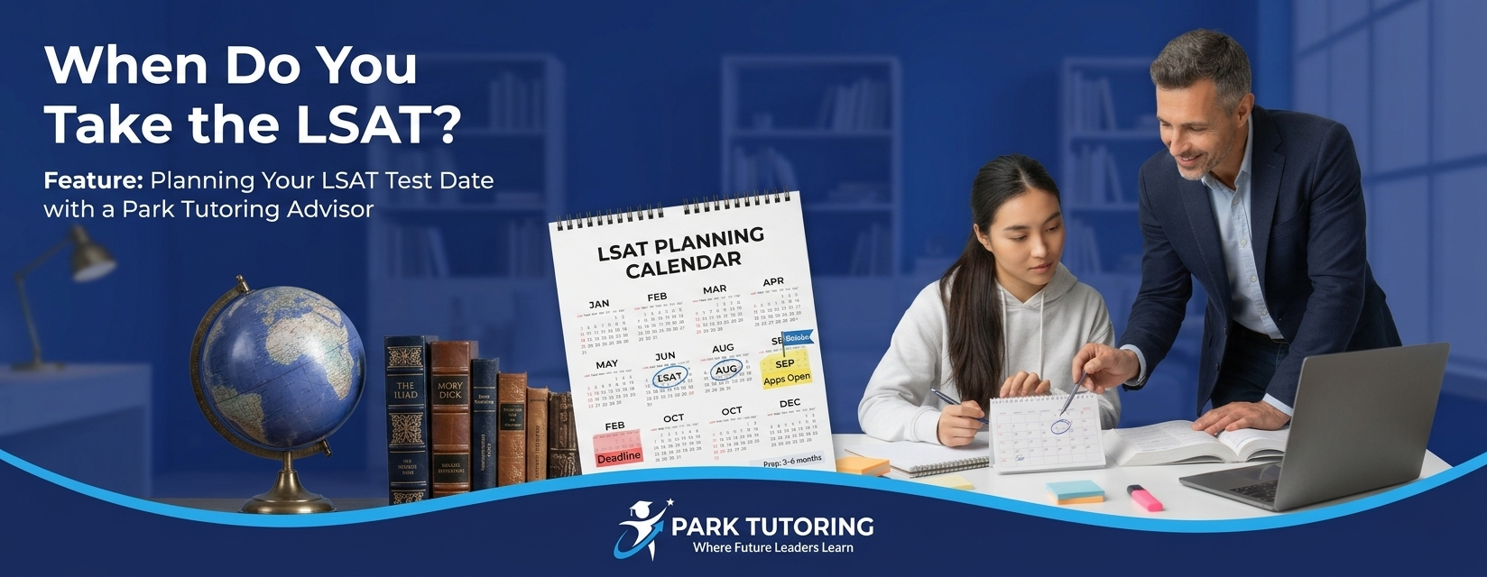 Calendar marked with LSAT test dates and law school application deadlines.