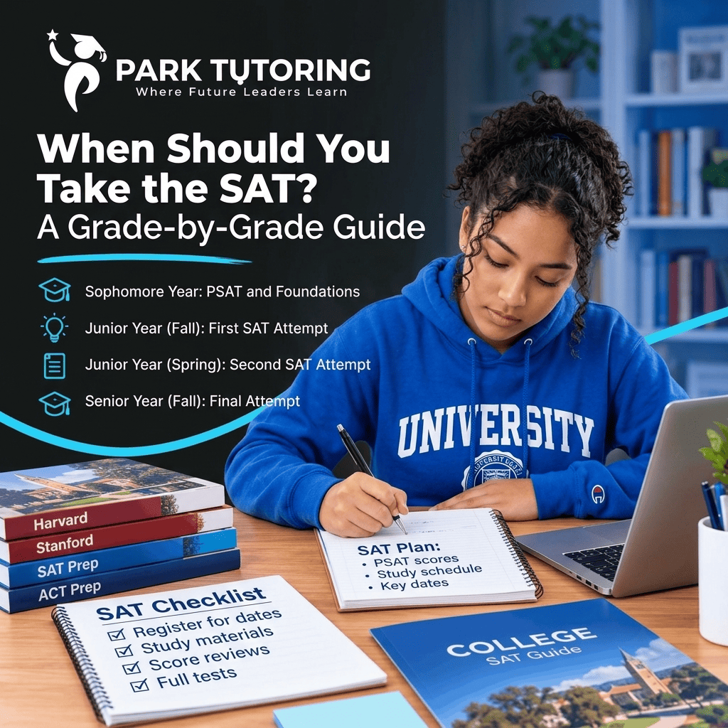 Timeline showing when to take the SAT, from sophomore PSAT to junior spring test and senior retake