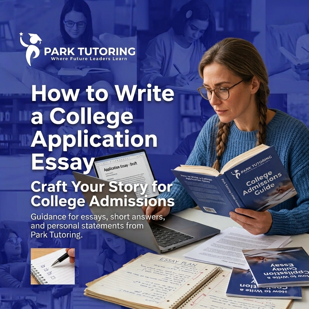 Student drafting a college application essay on a laptop with handwritten notes, Park Tutoring college admissions guide