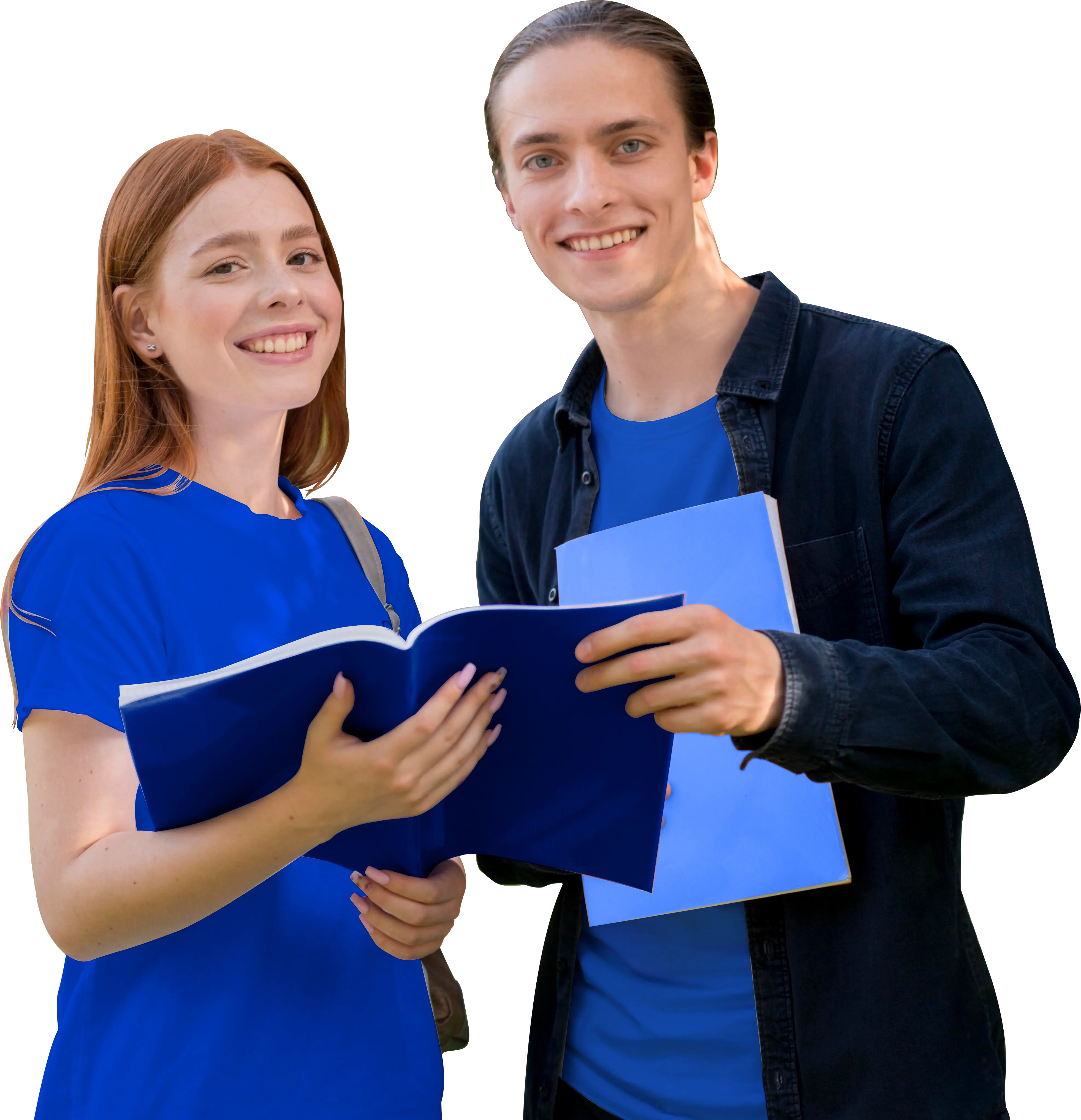 Two smiling students holding open books