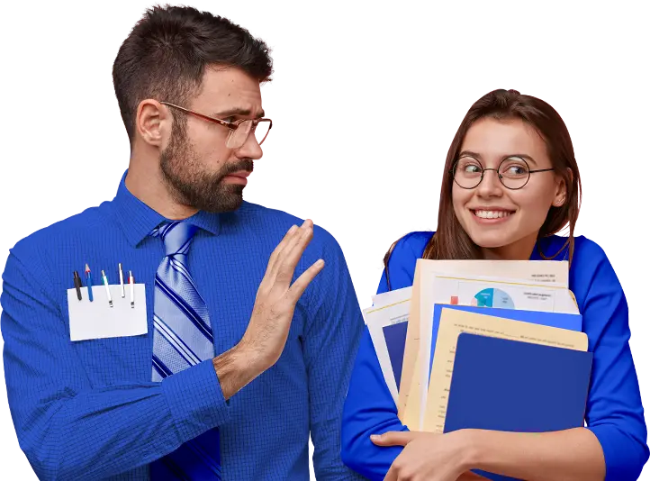Tutor in a blue shirt and tie next to a smiling student holding folders